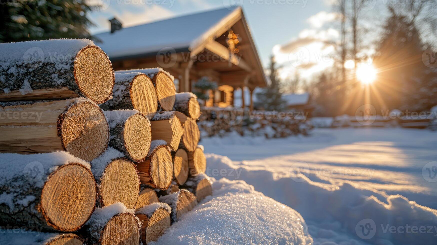 Sunlight breaks through clouds, casting a warm glow on stacked firewood next to a snow-covered cabin photo