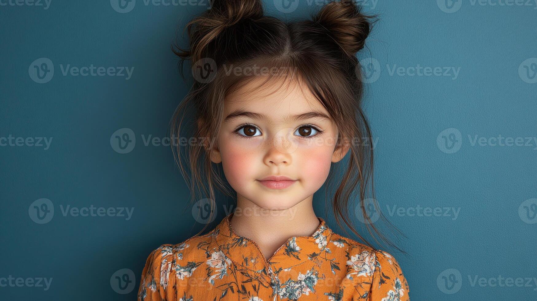 The girl displays a charming expression while styled with two buns and wearing a floral-patterned dress photo