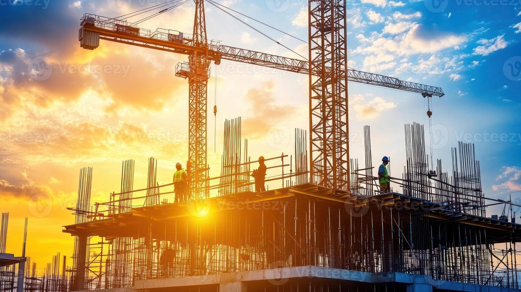 Workers are completing a high-rise construction project as the sun sets, casting a warm glow over the site photo