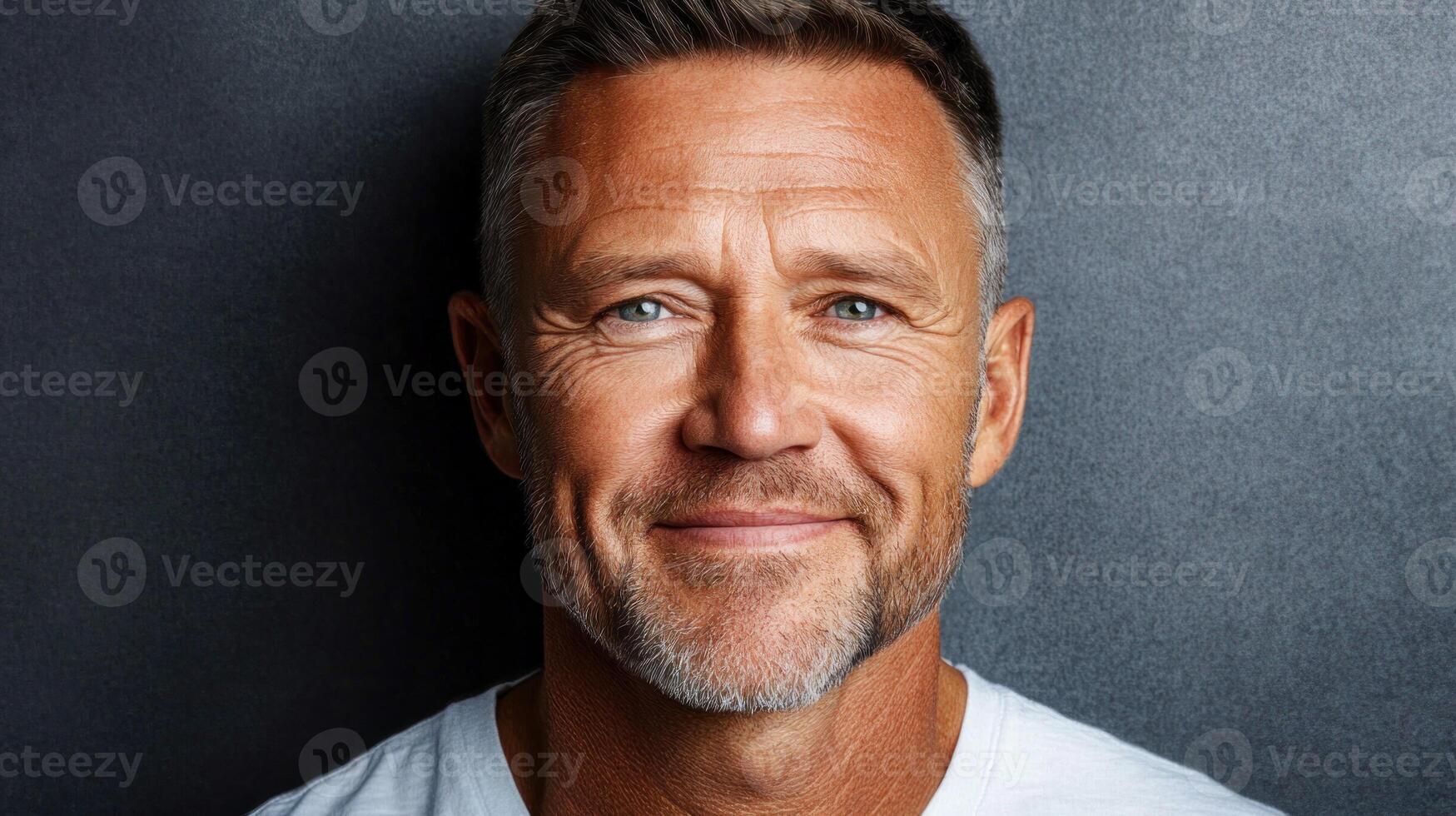 A middle-aged man with a light beard smiles warmly while standing in front of a dark background, exuding confidence photo