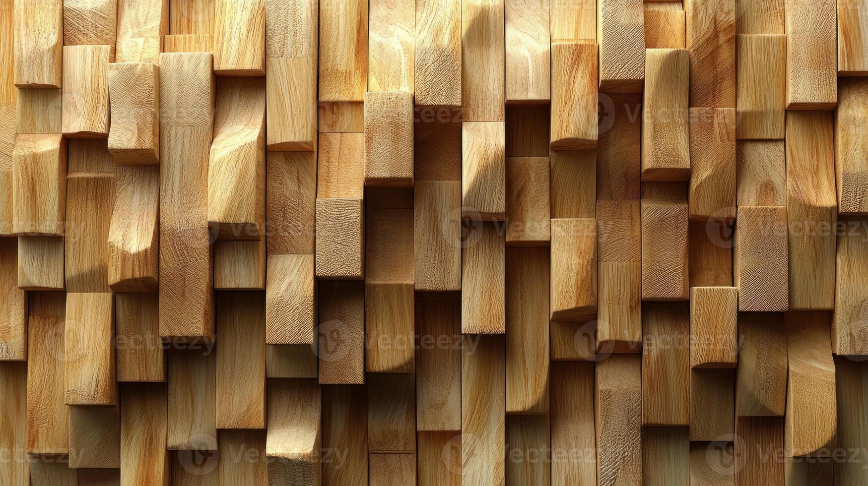 The wooden surface showcases unique geometric blocks that create rich texture and warmth in bright natural light photo