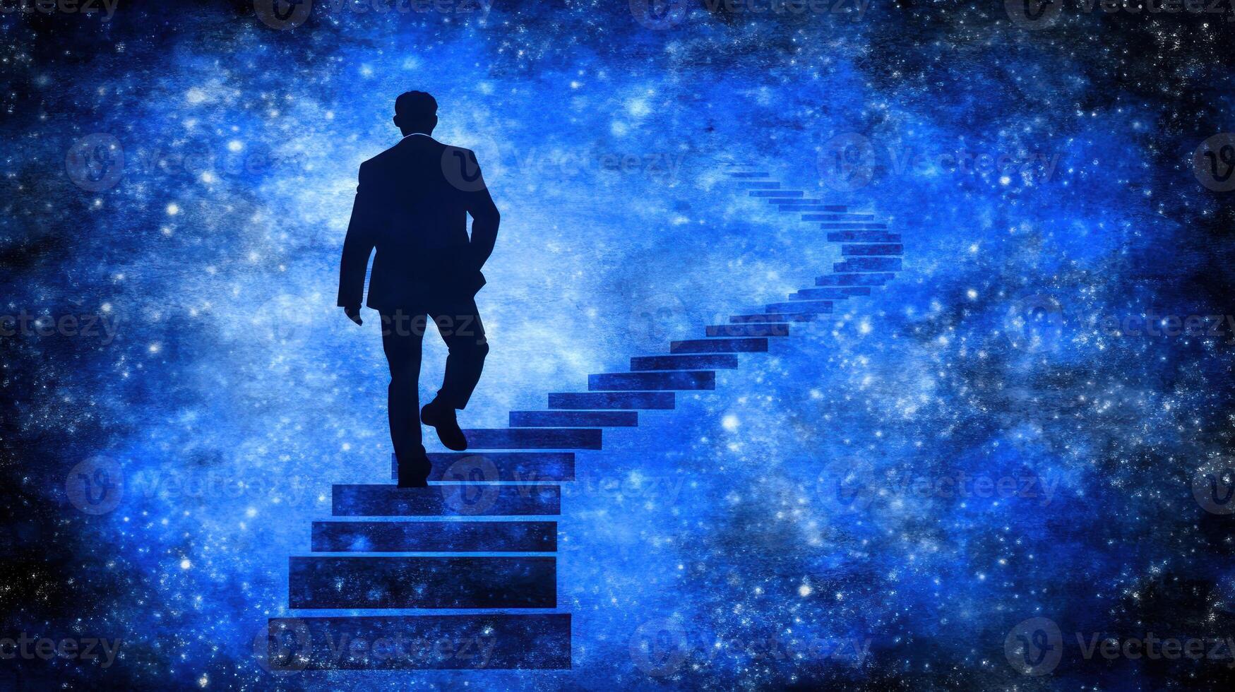 A silhouette of a man walks up illuminated stairs against a backdrop of stars and cosmic colors, symbolizing ascent photo