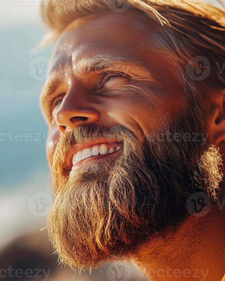 The man enjoys a joyful moment, showcasing his beard while basking in sunlight by the coast photo