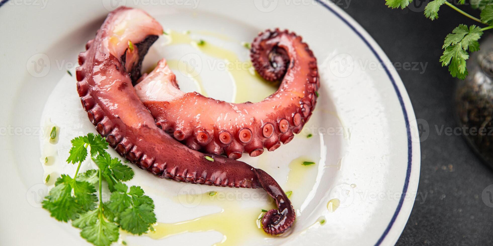 Octopus food seafood octopus tentacles fresh tasty food dish pescetarianism delicious gourmet food background on the table rustic food top view copy space keto and paleo diet photo
