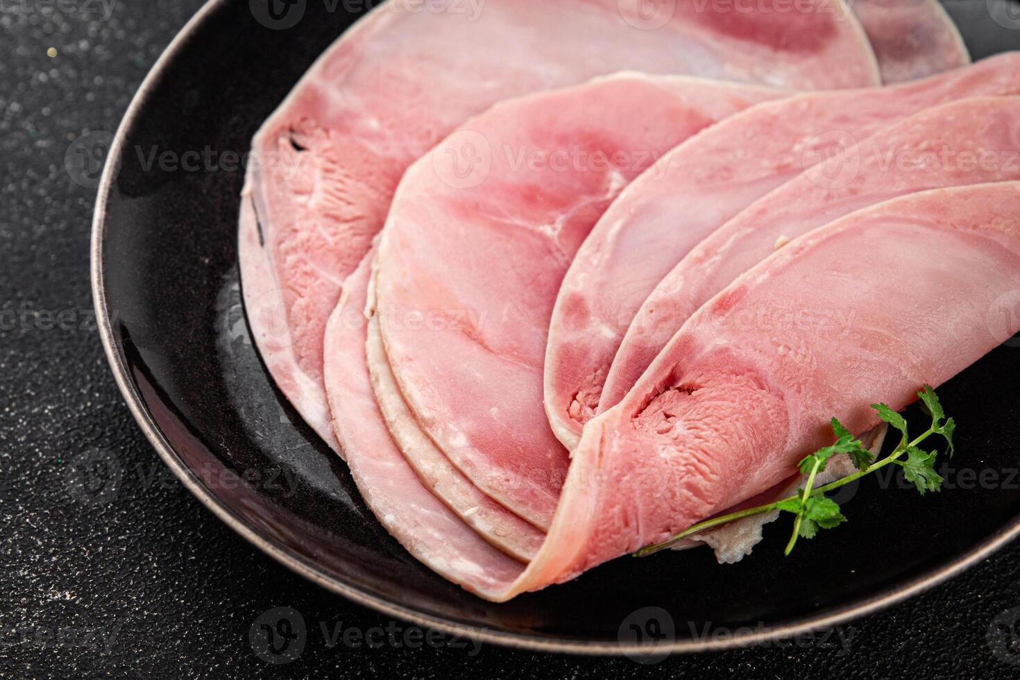 Ham slice pork meat fresh tasty food dish delicious gourmet food background on the table rustic food top view copy space photo