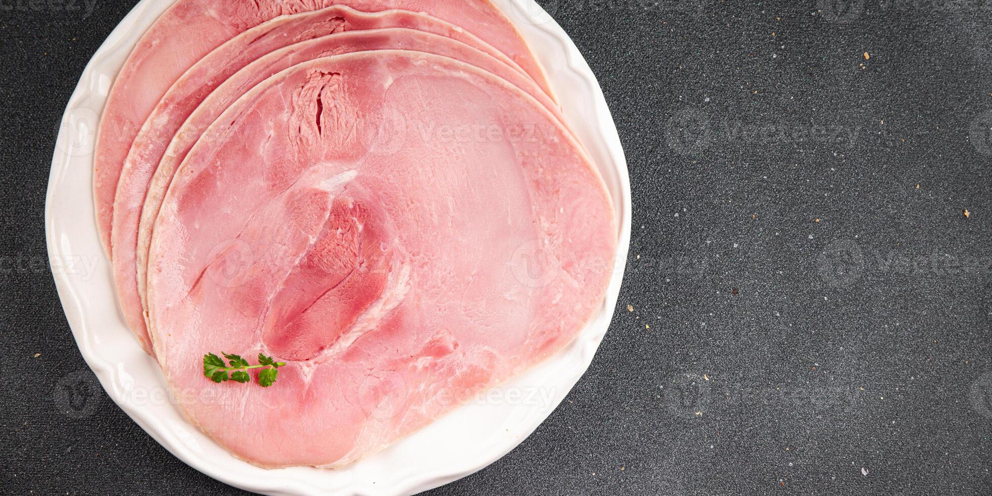 Ham slice pork meat fresh tasty food dish delicious gourmet food background on the table rustic food top view copy space photo