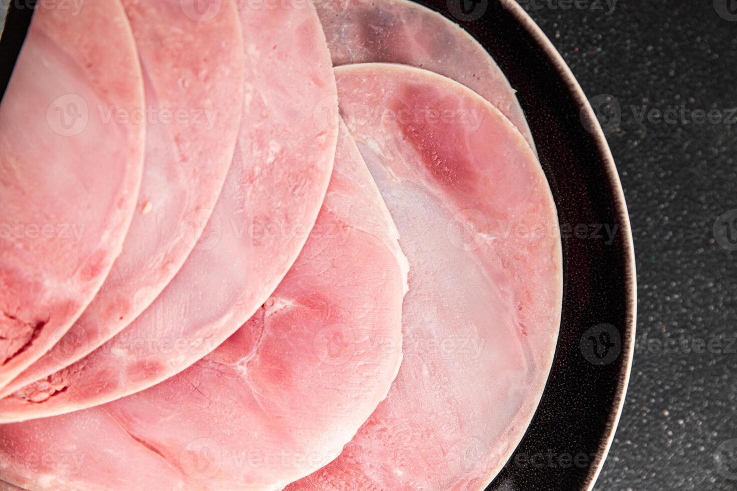 Ham slice pork meat fresh tasty food dish delicious gourmet food background on the table rustic food top view copy space photo