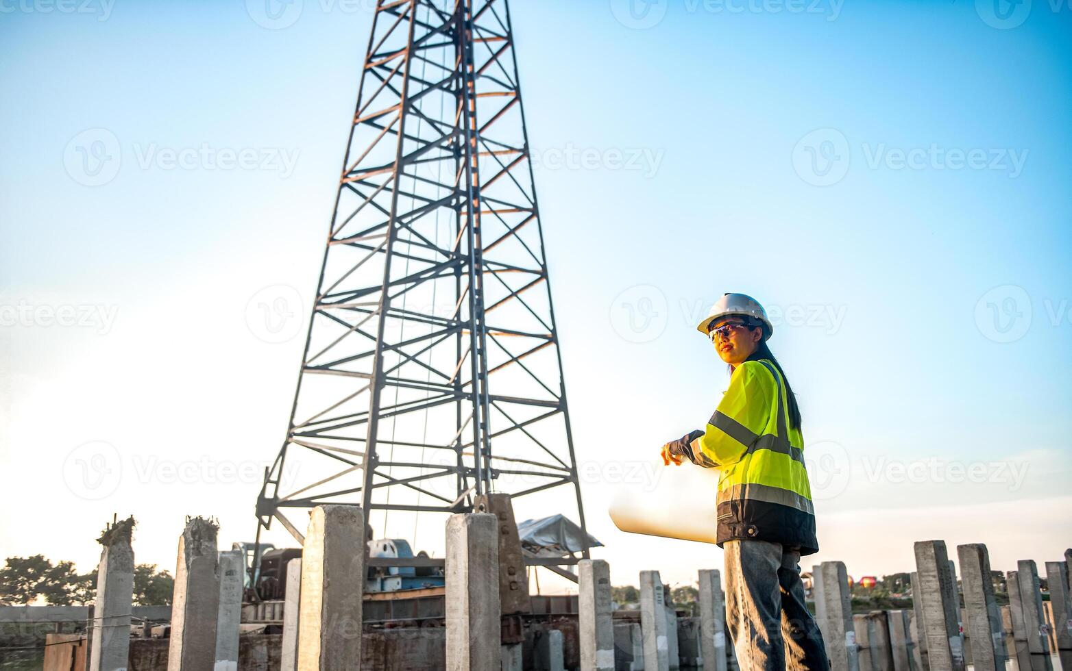 A female engineer is standing and inspecting the progress of the pillar installation for the construction of a building. photo