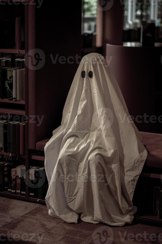 Child dressed as a white ghost in a library room photo