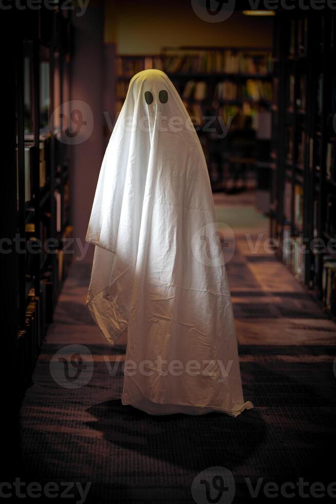 Child dressed as a white ghost in a library room photo