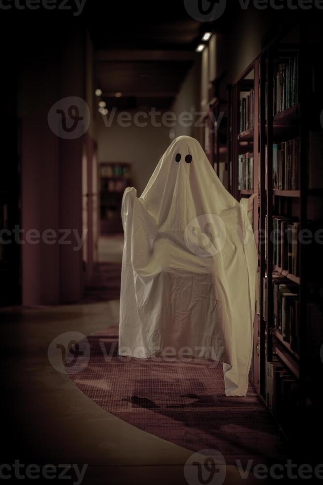 Child dressed as a white ghost in a library room photo