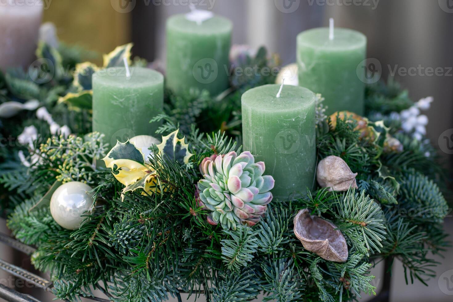 Advent wreath with four candles. Christmas ball and decorations photo