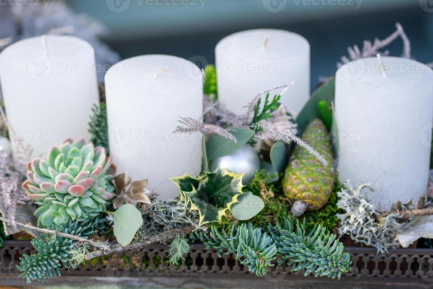 Advent wreath with four candles. Christmas ball and decorations photo