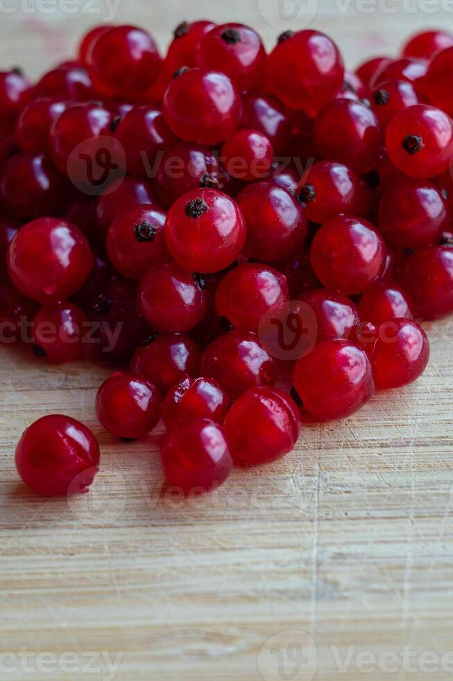 macro photography of red currant berries on a wooden table photo