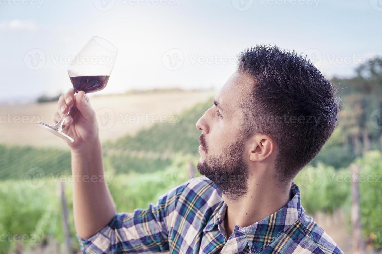 handsome bearded man looking glass of wine before drinking photo