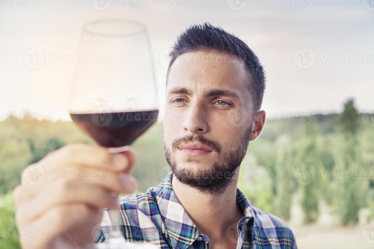 handsome bearded man looking glass of wine before drinking photo