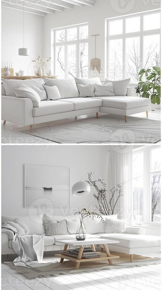 A series of images showing different views of a white living room photo