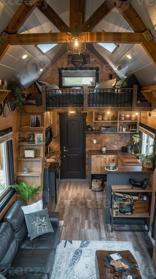 The tiny house is filled with furniture and a loft photo