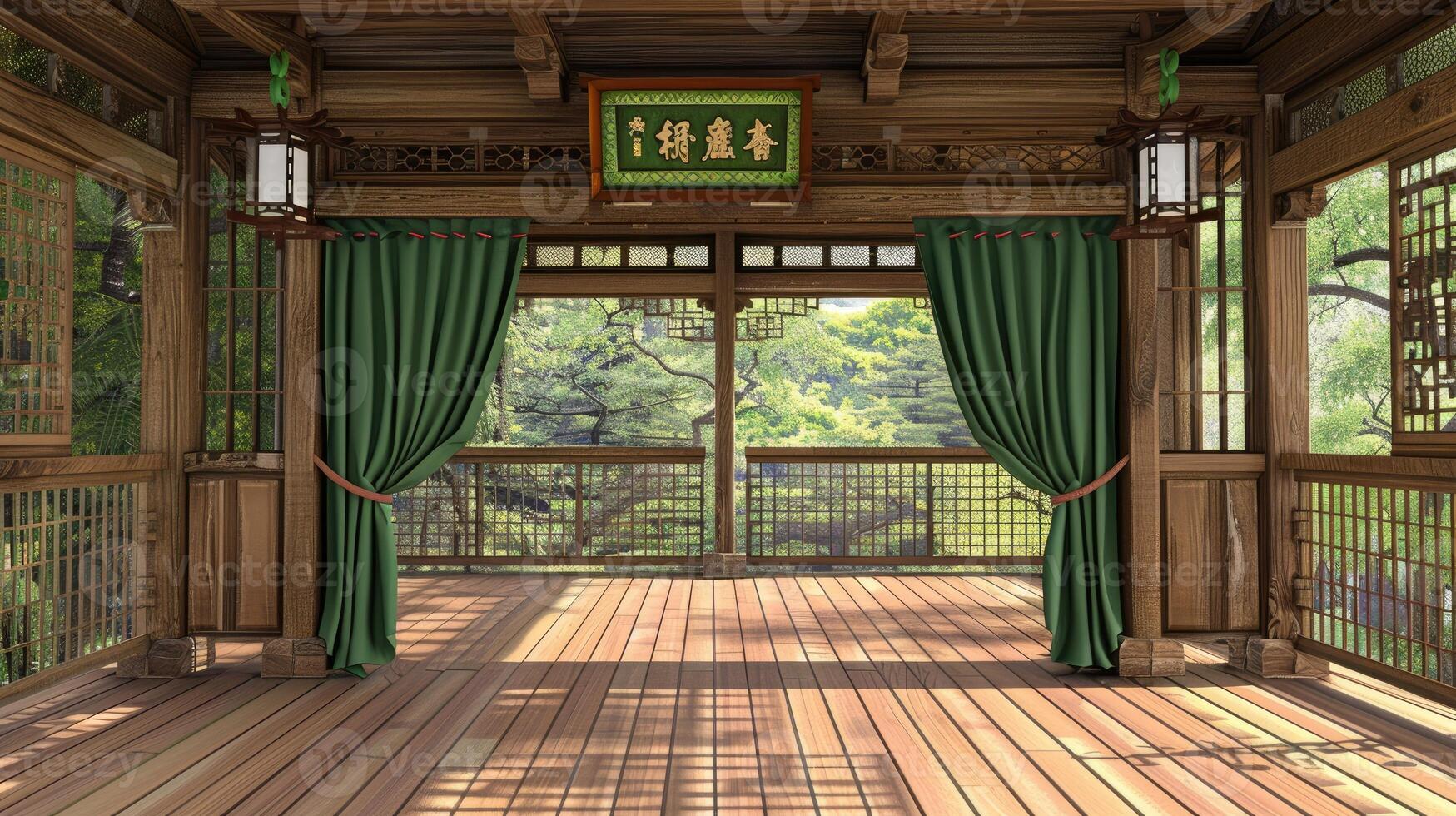 A room with wooden floors and green curtains photo