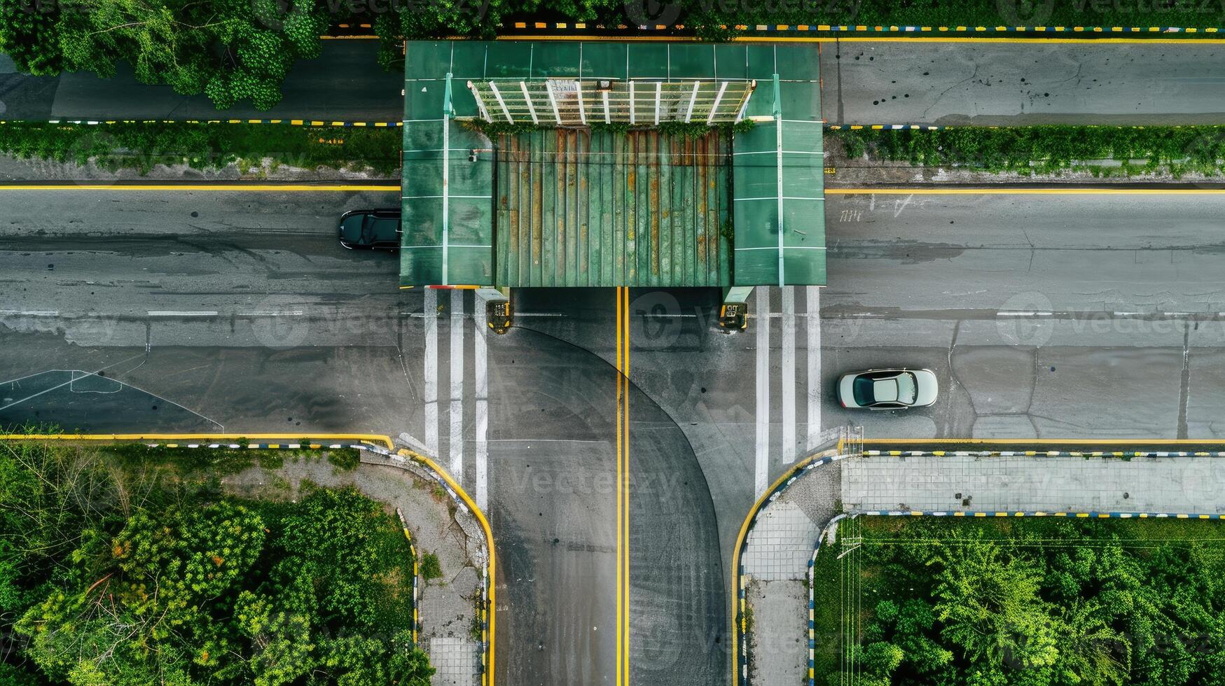An overhead view of a road with a car driving on it photo