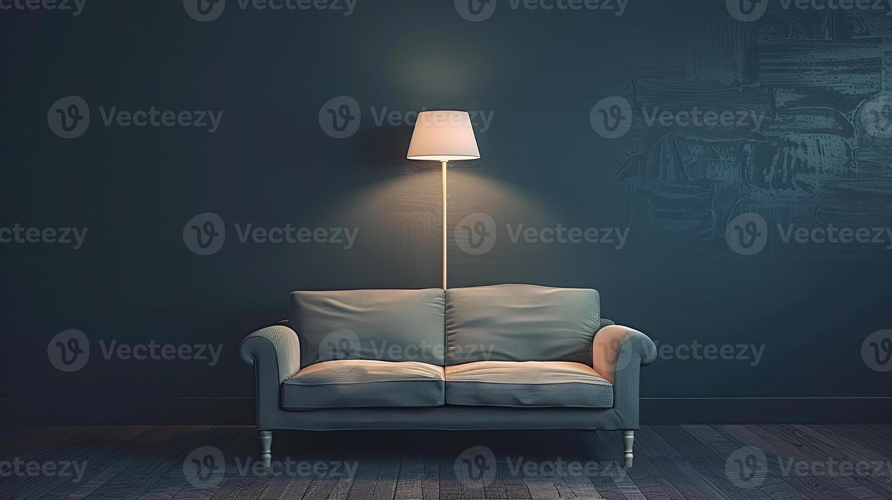 A couch and lamp in a dark room photo