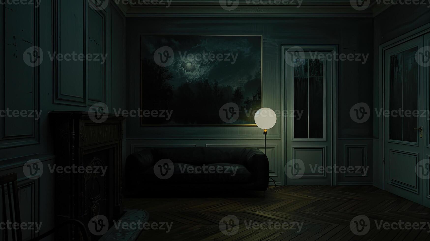 A dark room with a couch and a lamp photo