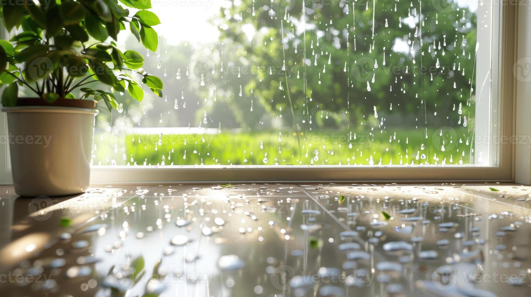 Rain drops on the window sill of a room photo