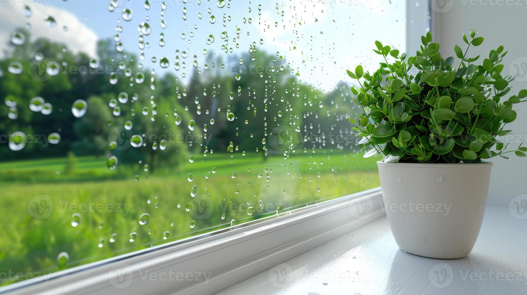 A potted plant sits on a window sill with raindrops on it photo