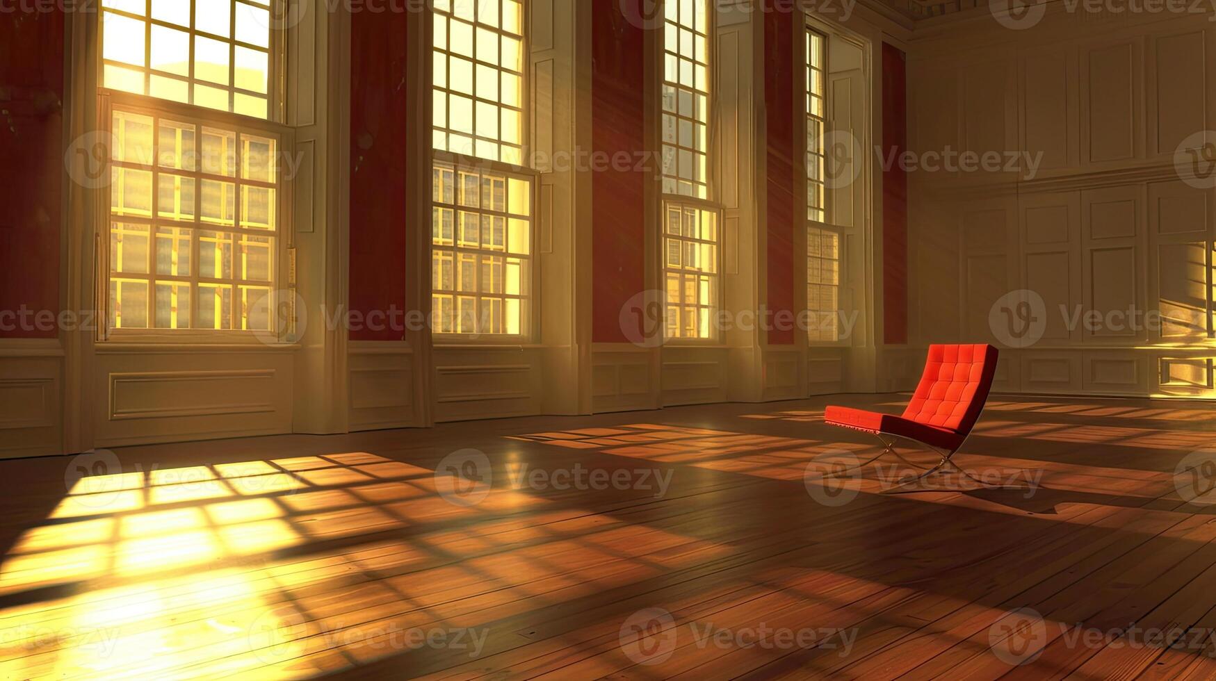 A red chair sitting in a room with windows photo
