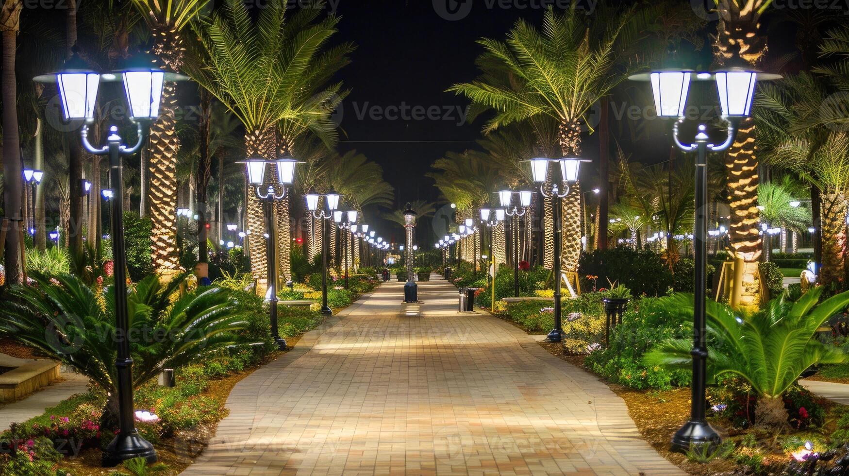 A pathway lined with palm trees and lights photo