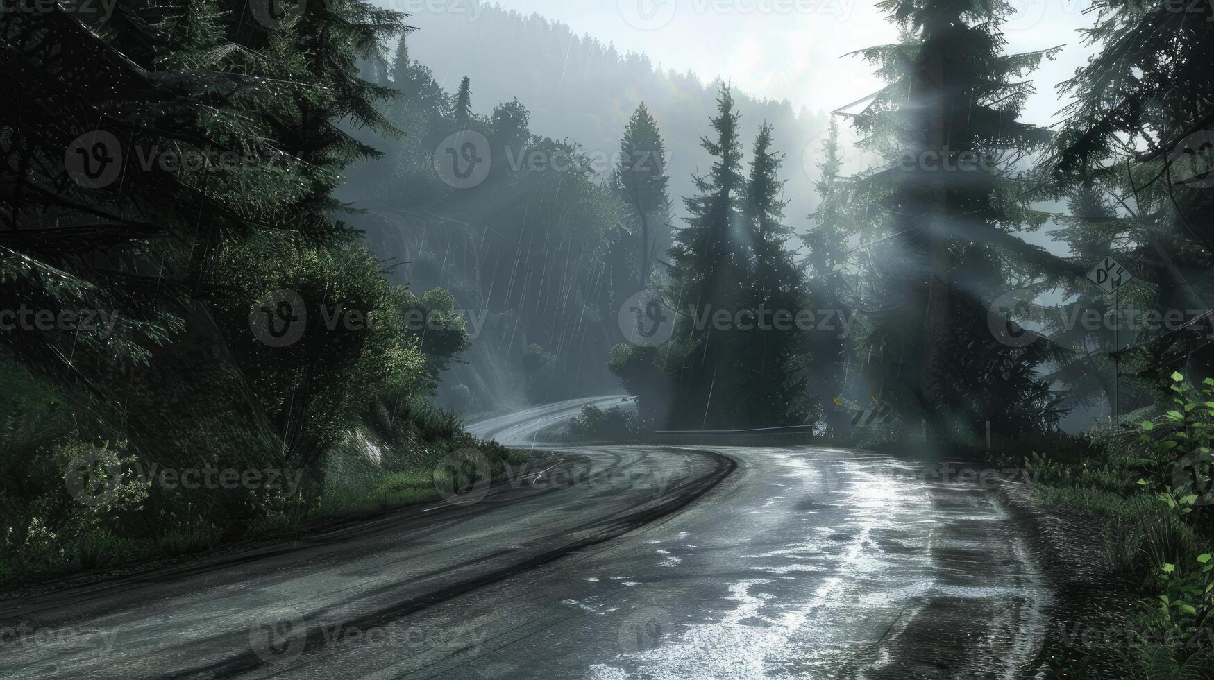A road in the woods with trees and water photo