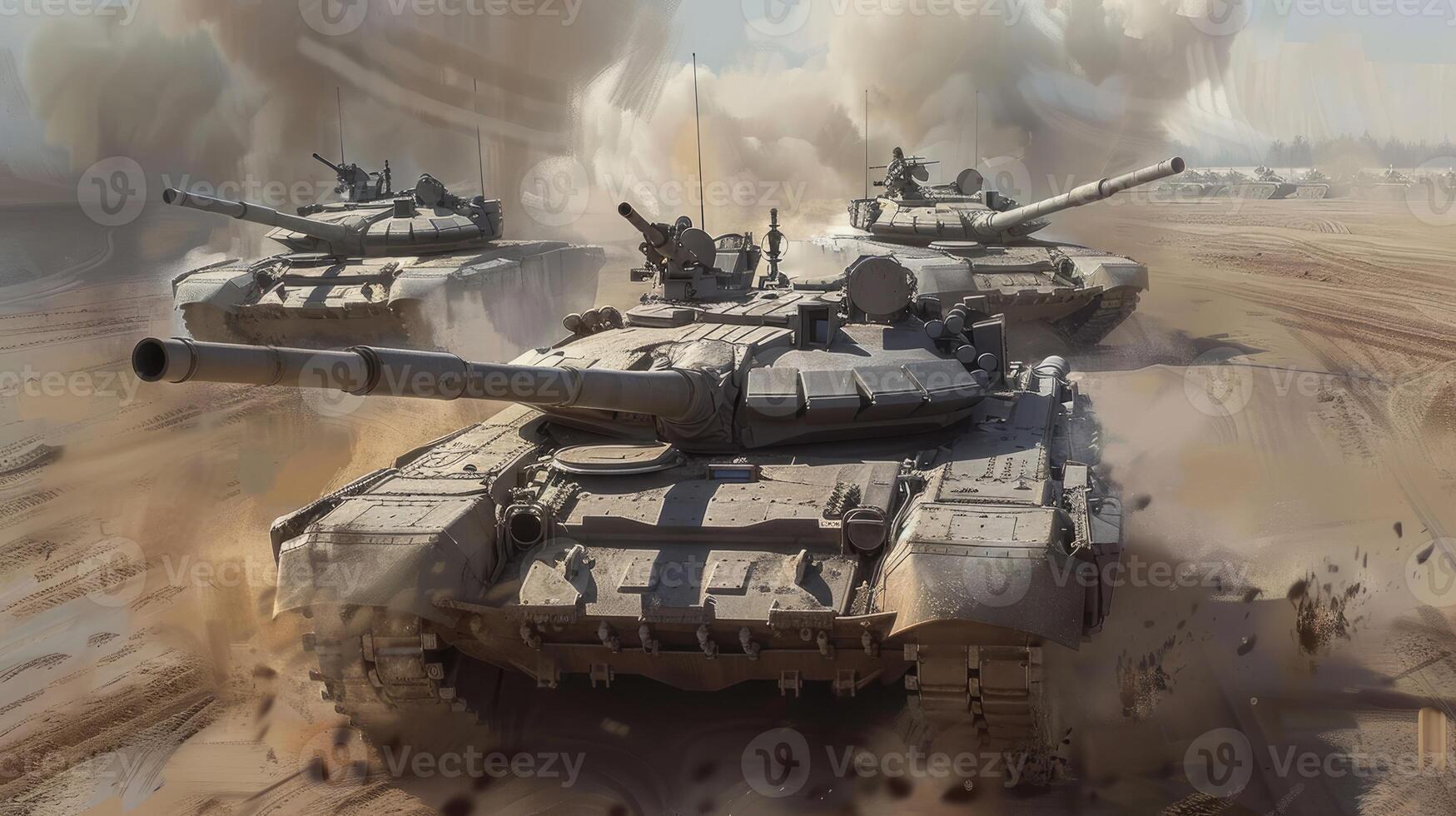 A painting of tanks driving through the desert photo
