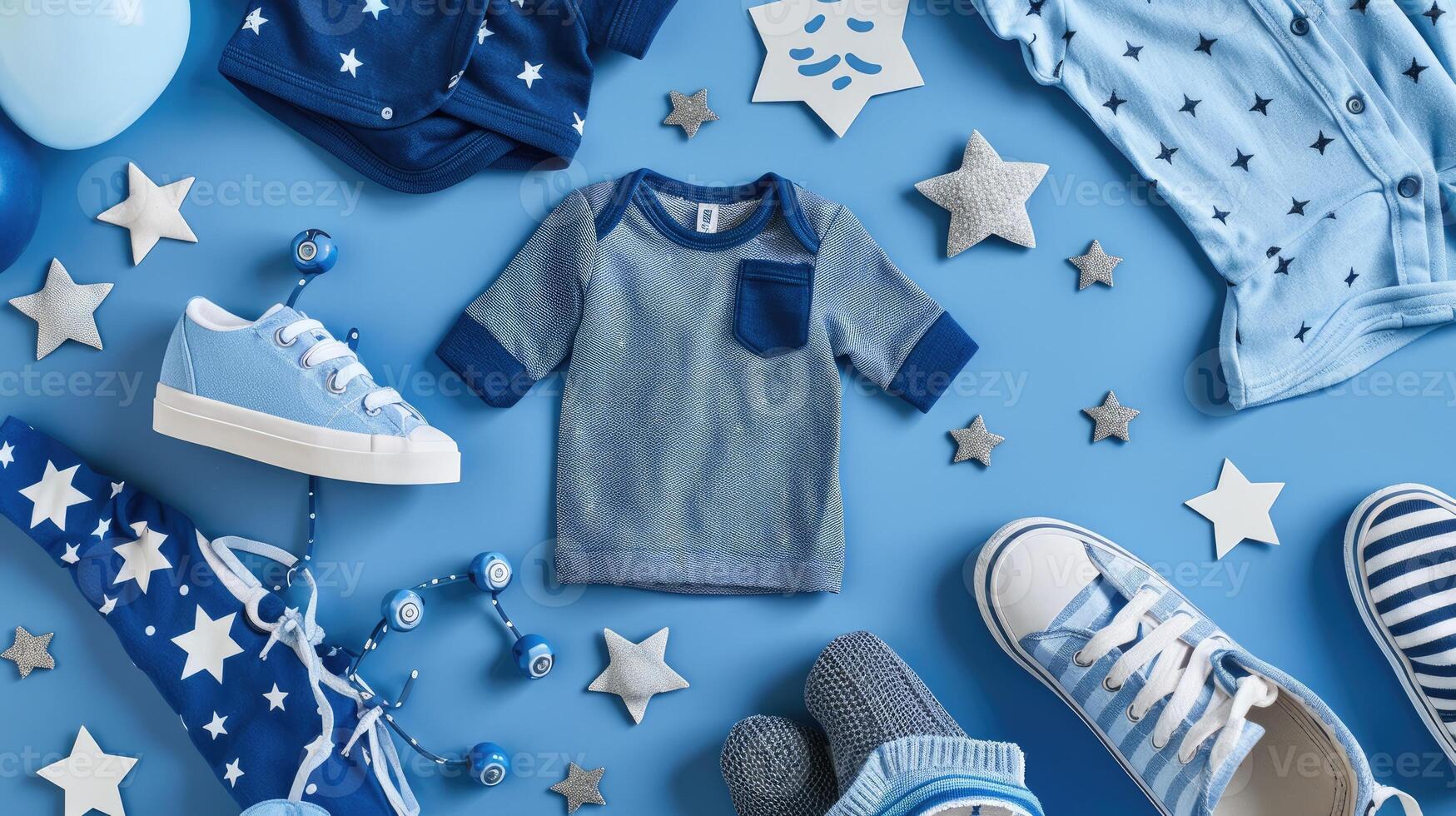 Baby boy's clothes and accessories on a blue background photo