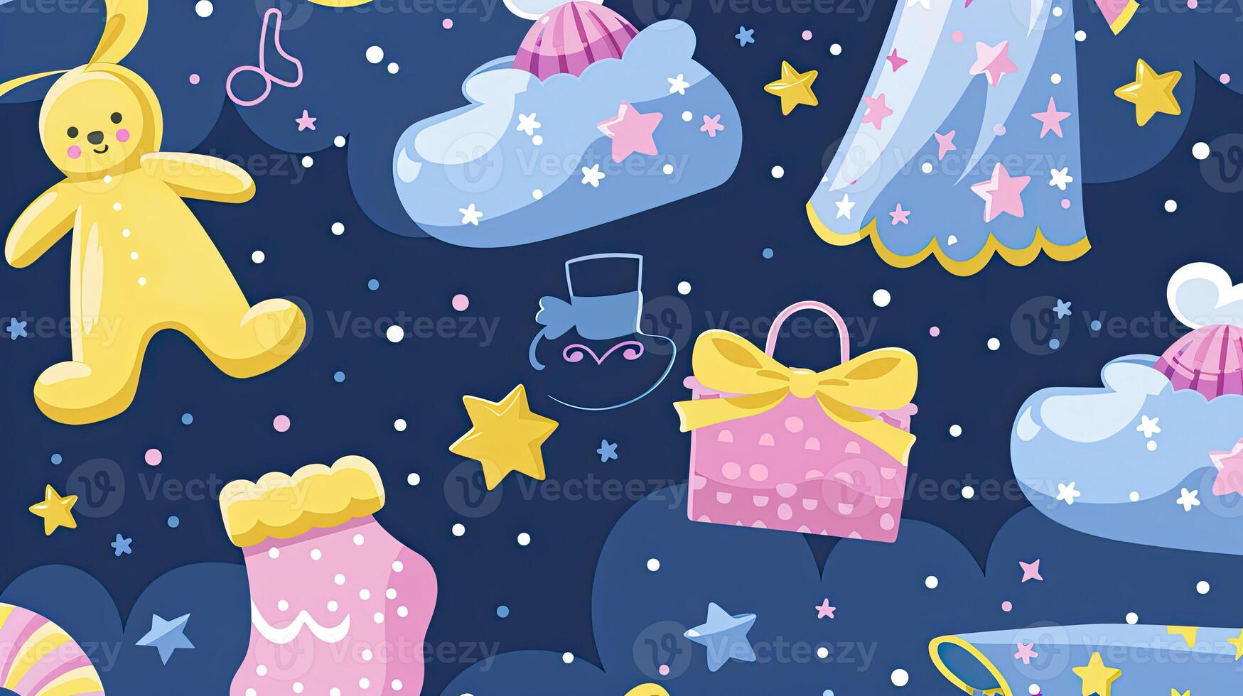 A seamless pattern with a baby, a teddy bear, a teddy bear, a t photo