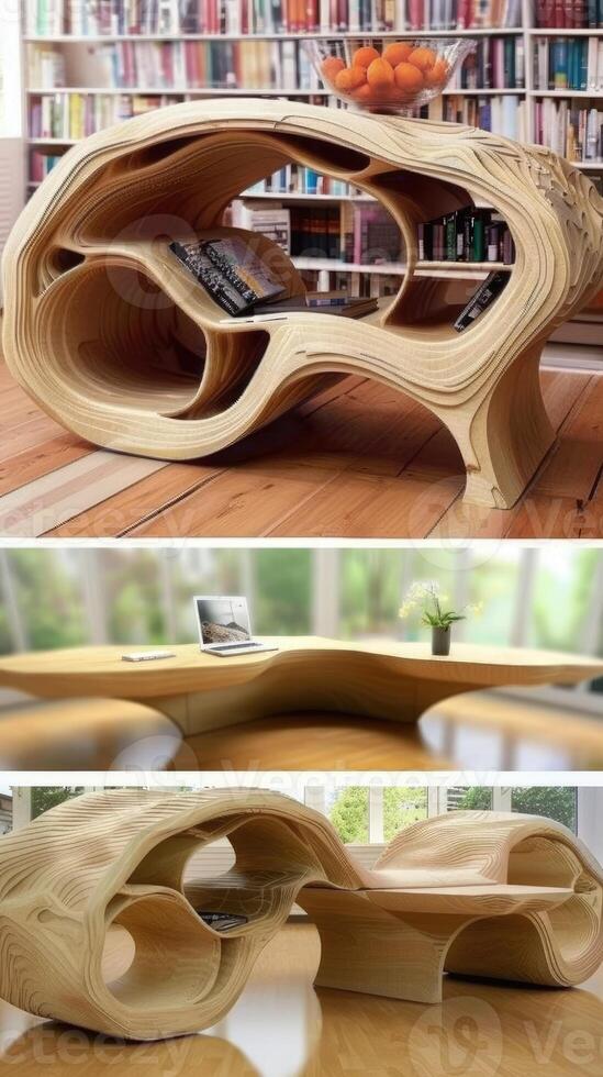 A table made out of wood with a curved shape photo