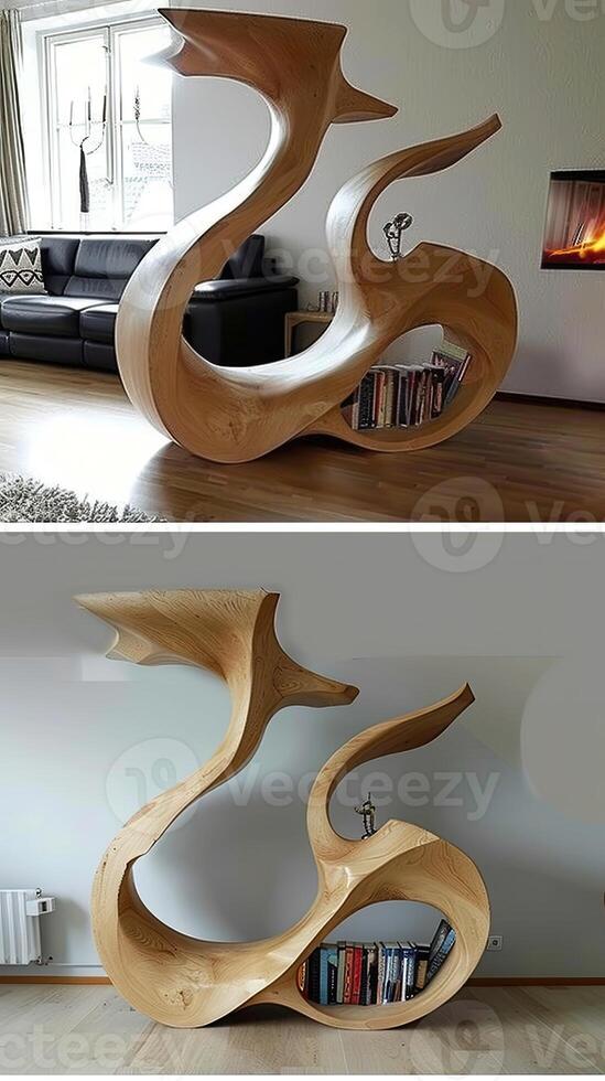 A wooden bookcase with a curved shape photo