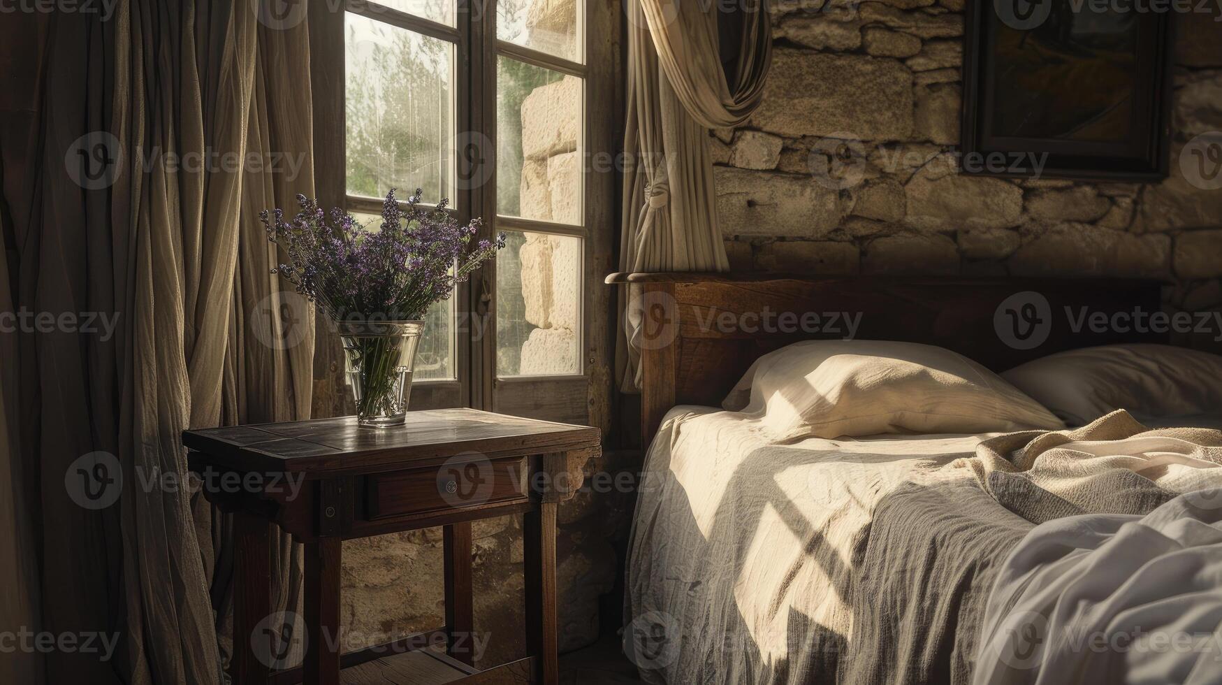 A bed with a white sheet photo