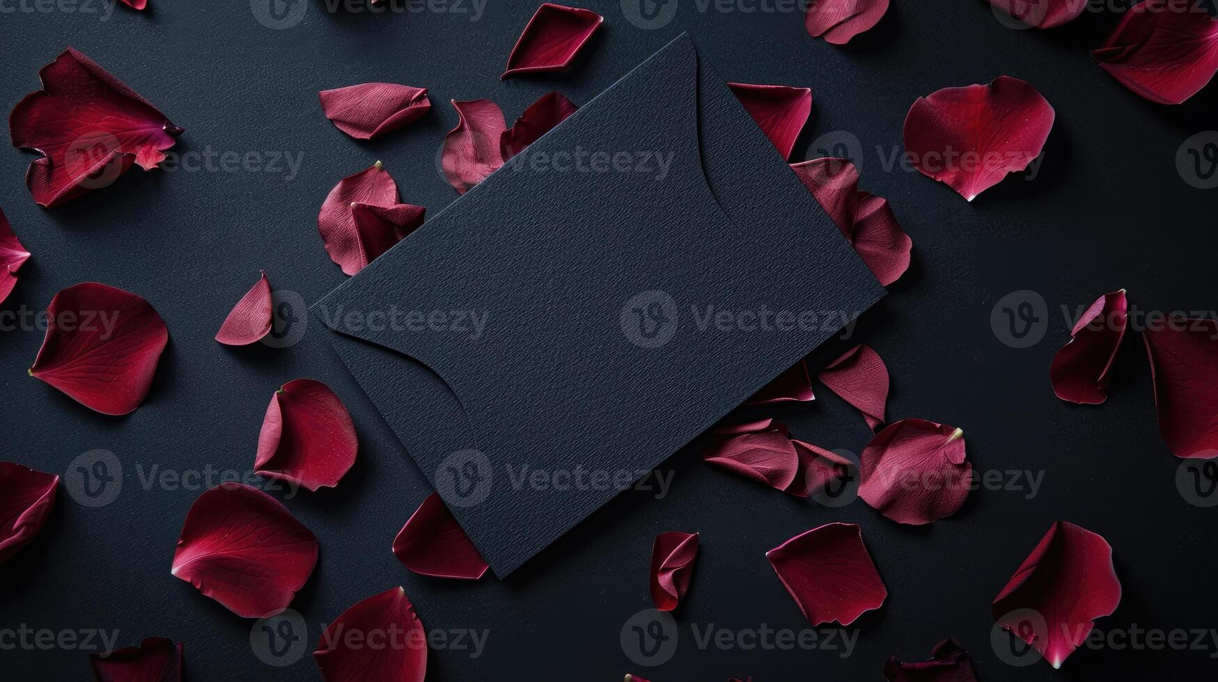 A black envelope surrounded by red petals photo