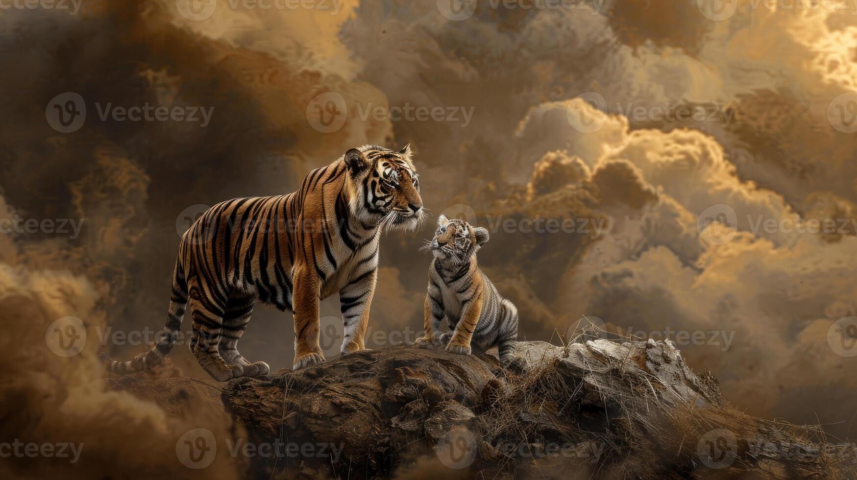 A tiger and cub are standing on a rock photo