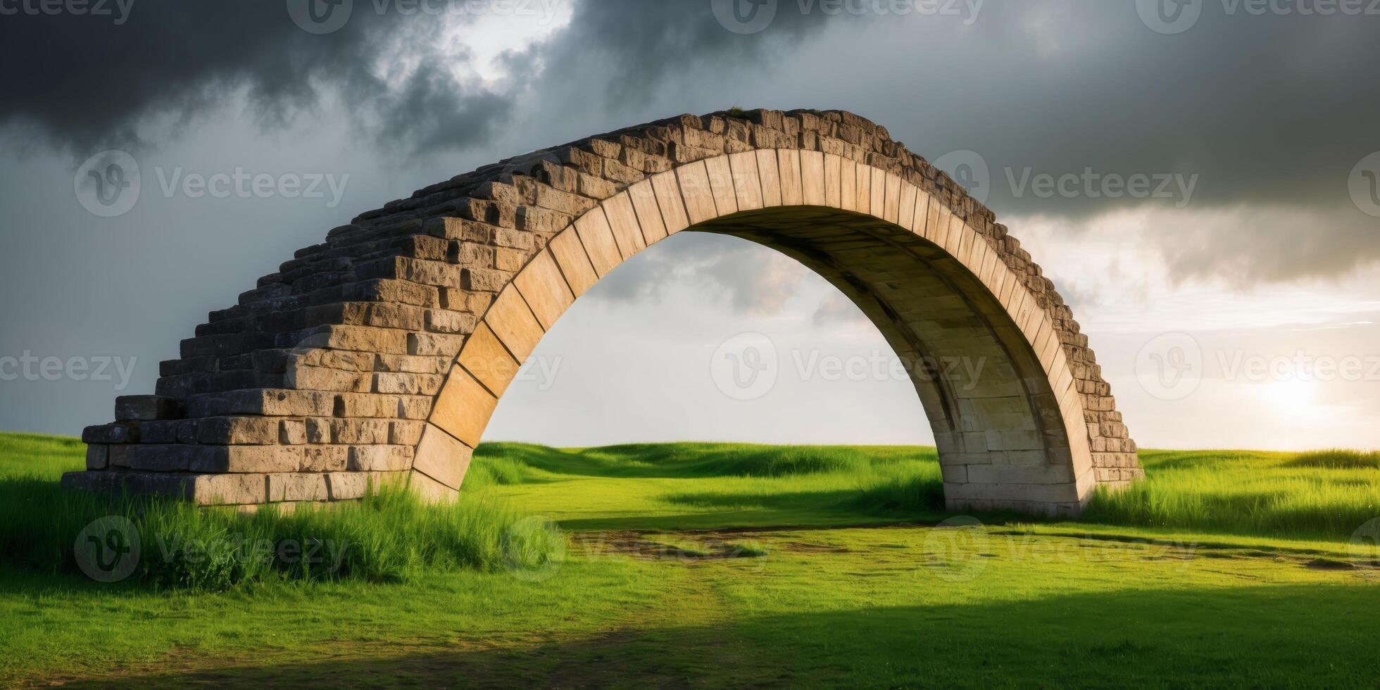 An arch in the middle of a grassy field photo