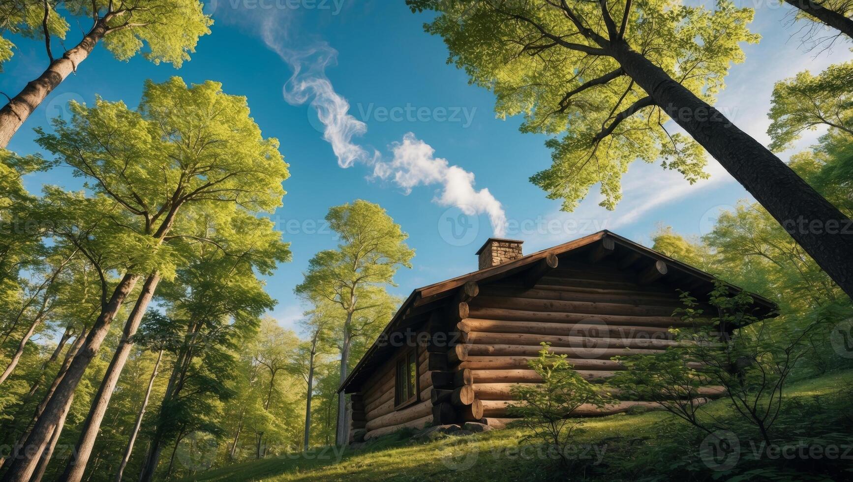 A log cabin in the woods with trees and sky photo