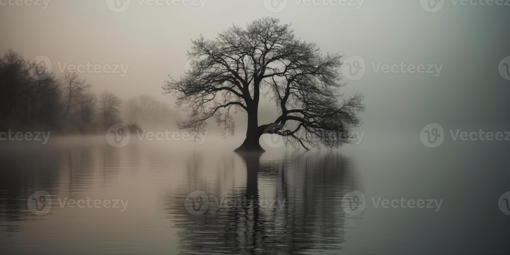 A tree is standing in the water on a foggy day photo