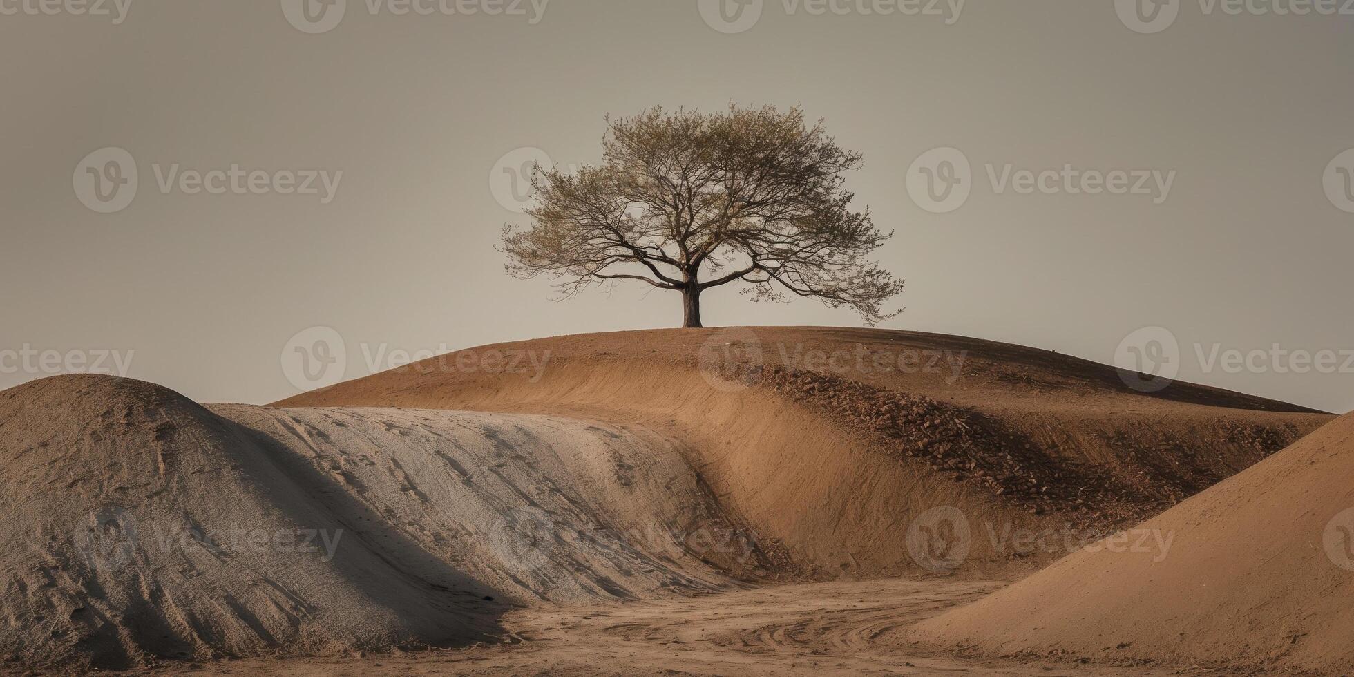 A lone tree stands on top of a hill photo
