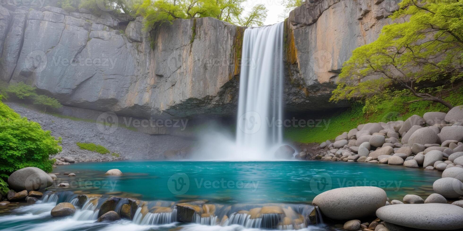 Beautiful waterfall in the middle of a green forest photo