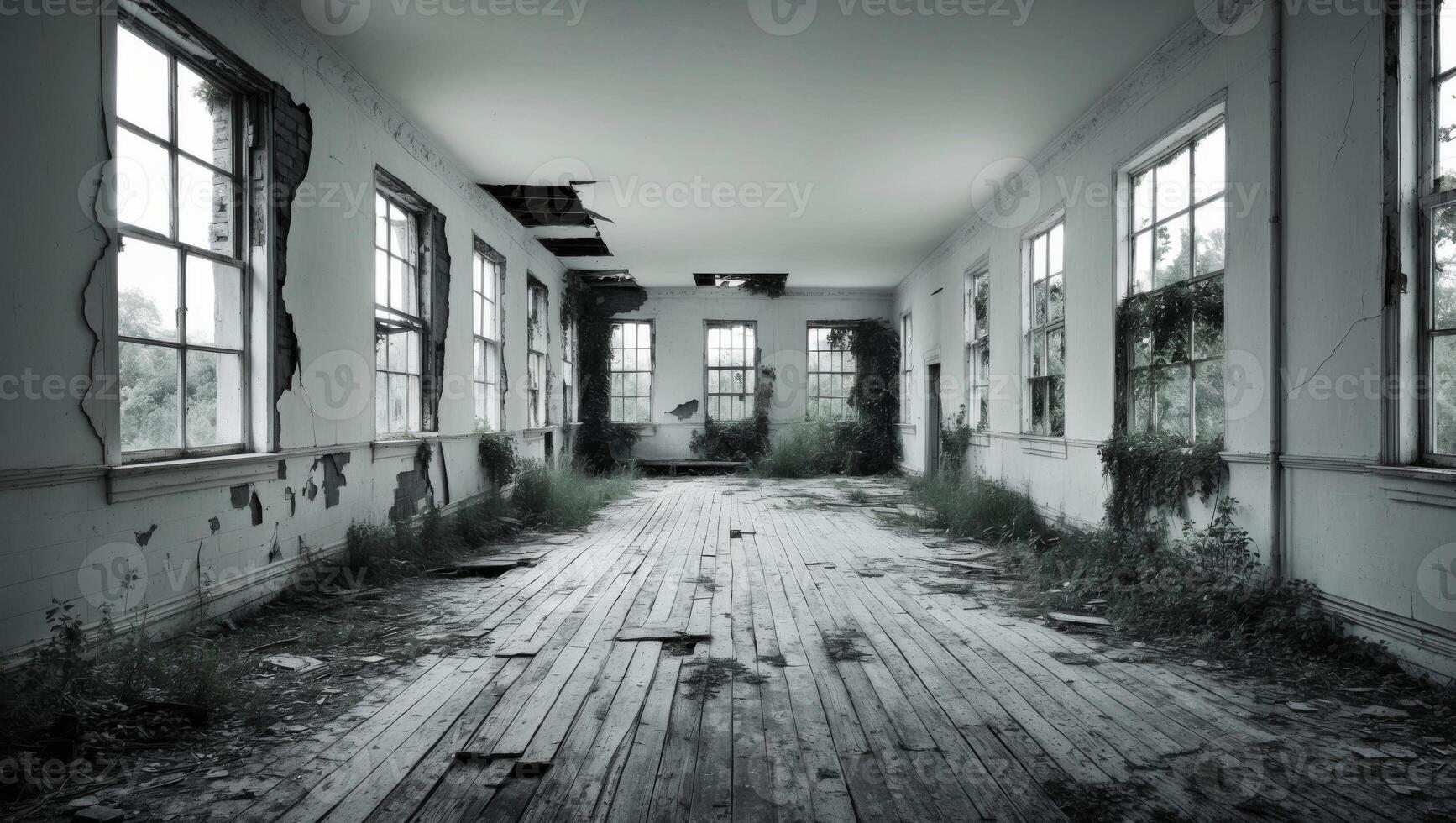 An old abandoned building with a long hallway photo