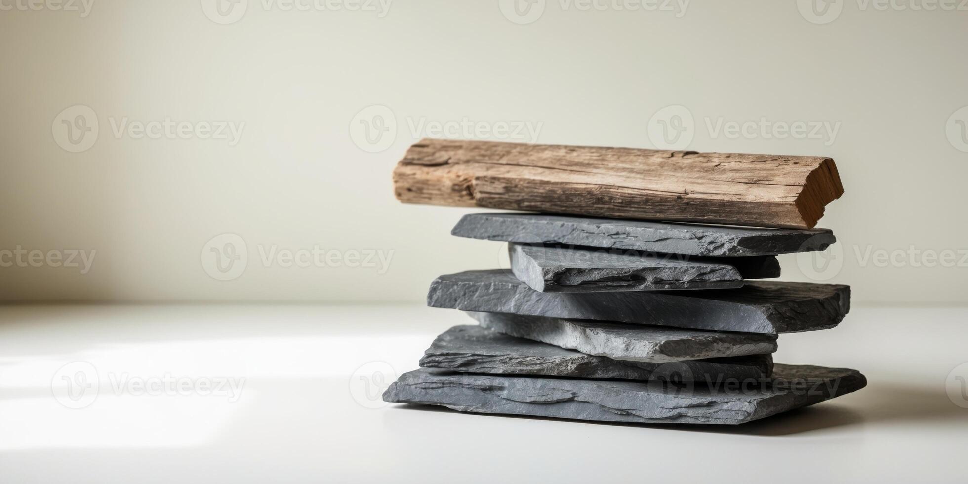 A stack of rocks and a log on a table photo