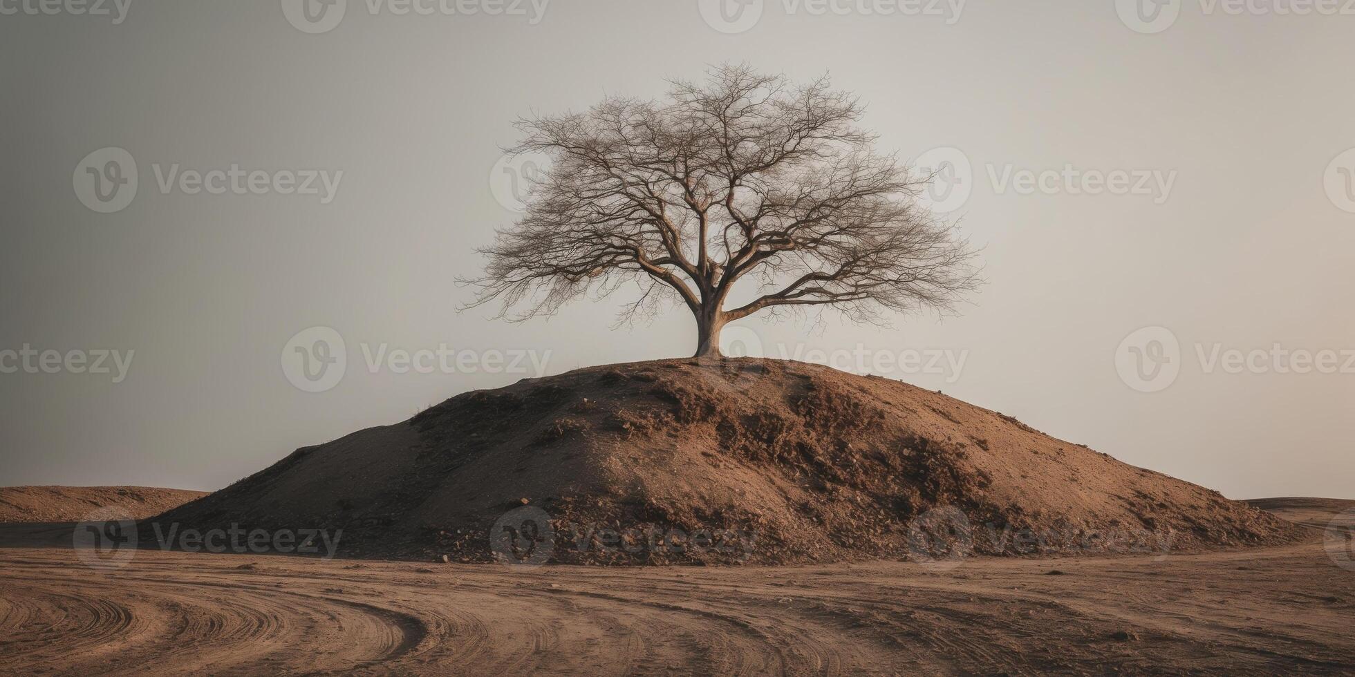 A lone tree on top of a mound of dirt photo