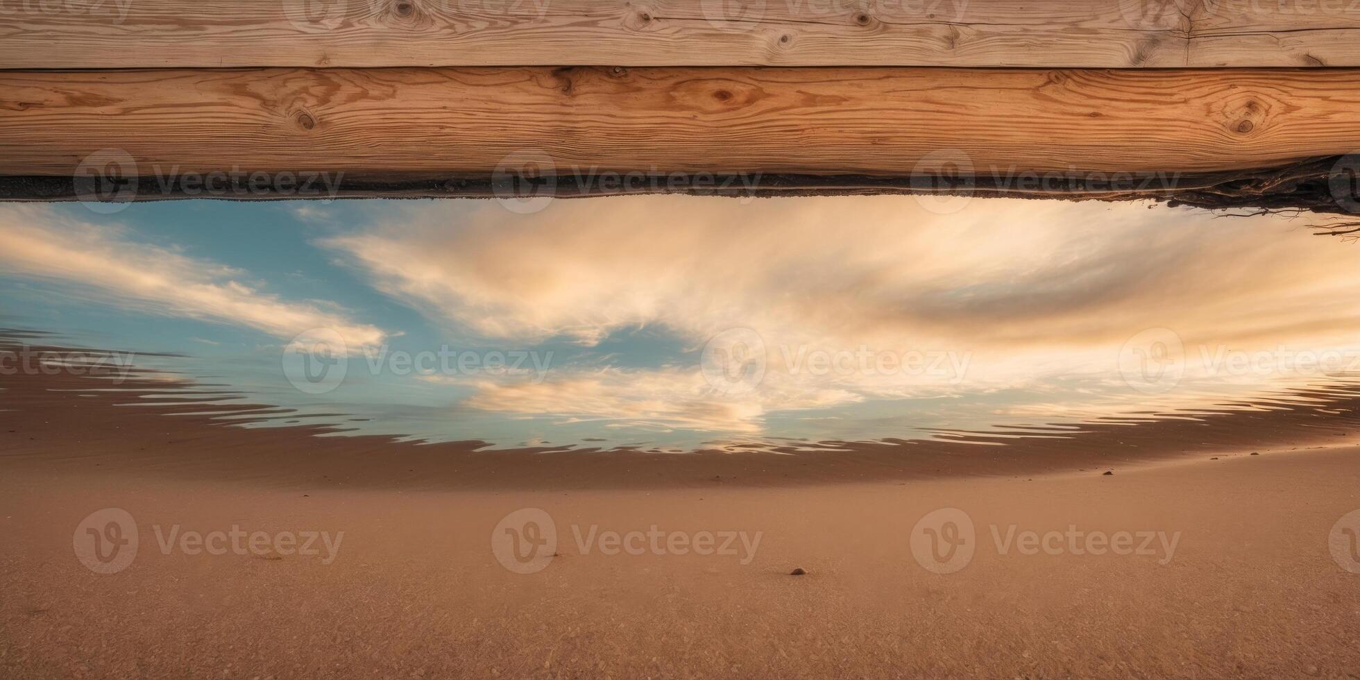 A wooden bridge is reflected in the water at sunset photo