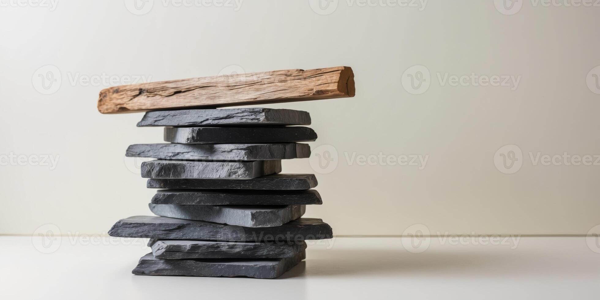 A stack of stacked stones with a wooden piece on top photo