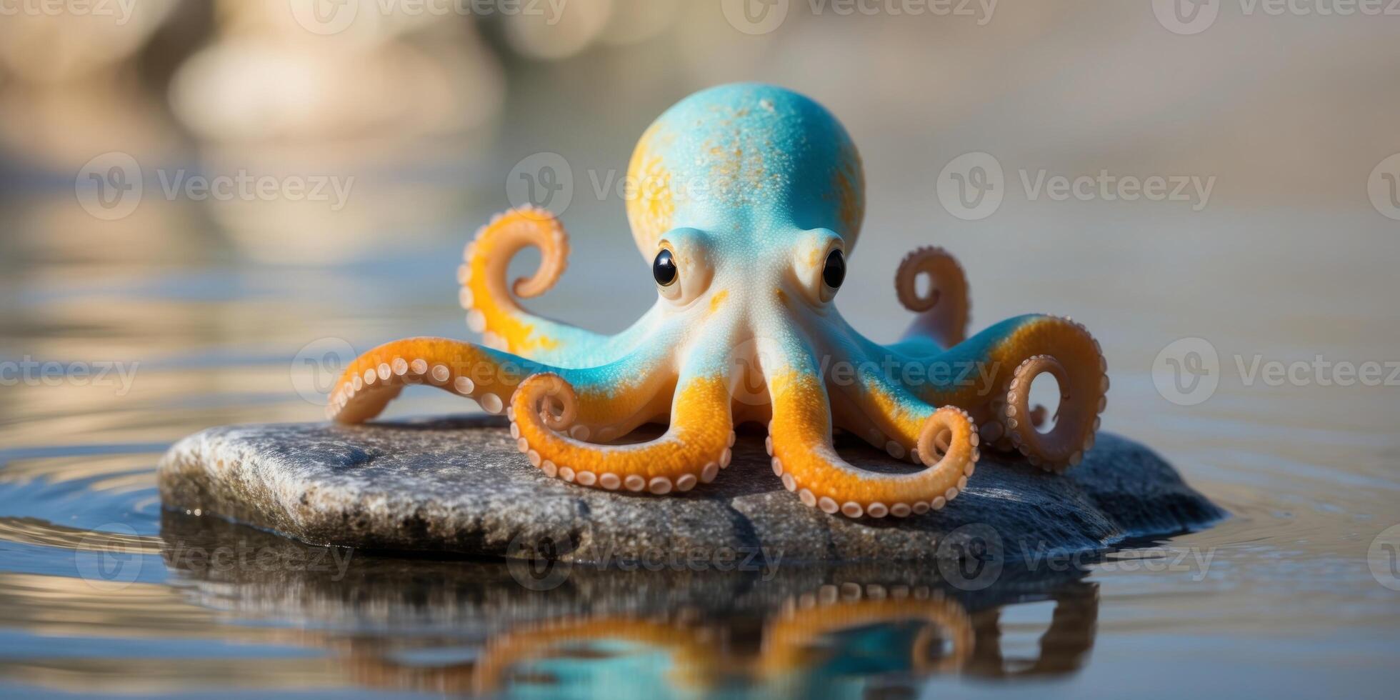 An octopus is sitting on a rock in the water photo